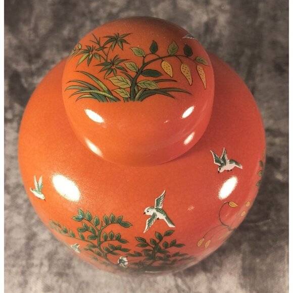 Andrea By Sadek Vintage Orange Porcelain Ginger Jar With Crane & Bamboo Design - Picture 2 of 7